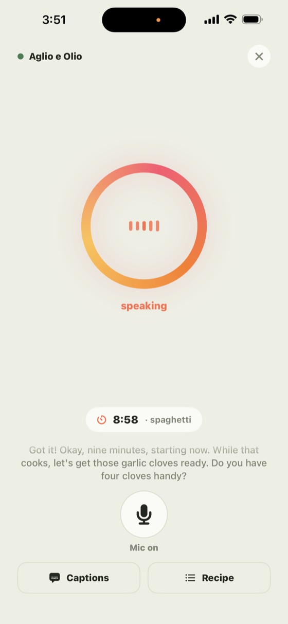 Simmernook cook screen: the sunset ring speaking, a live 8:58 timer, and a caption