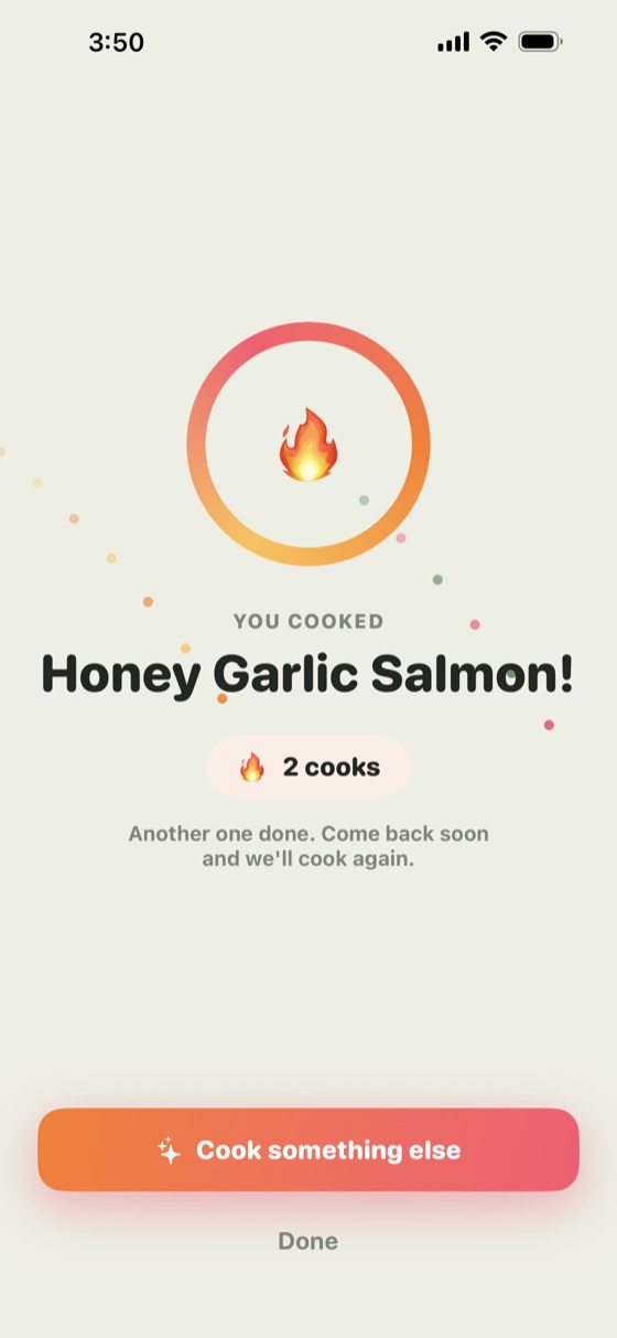 Simmernook ‘done’ screen celebrating a finished cook