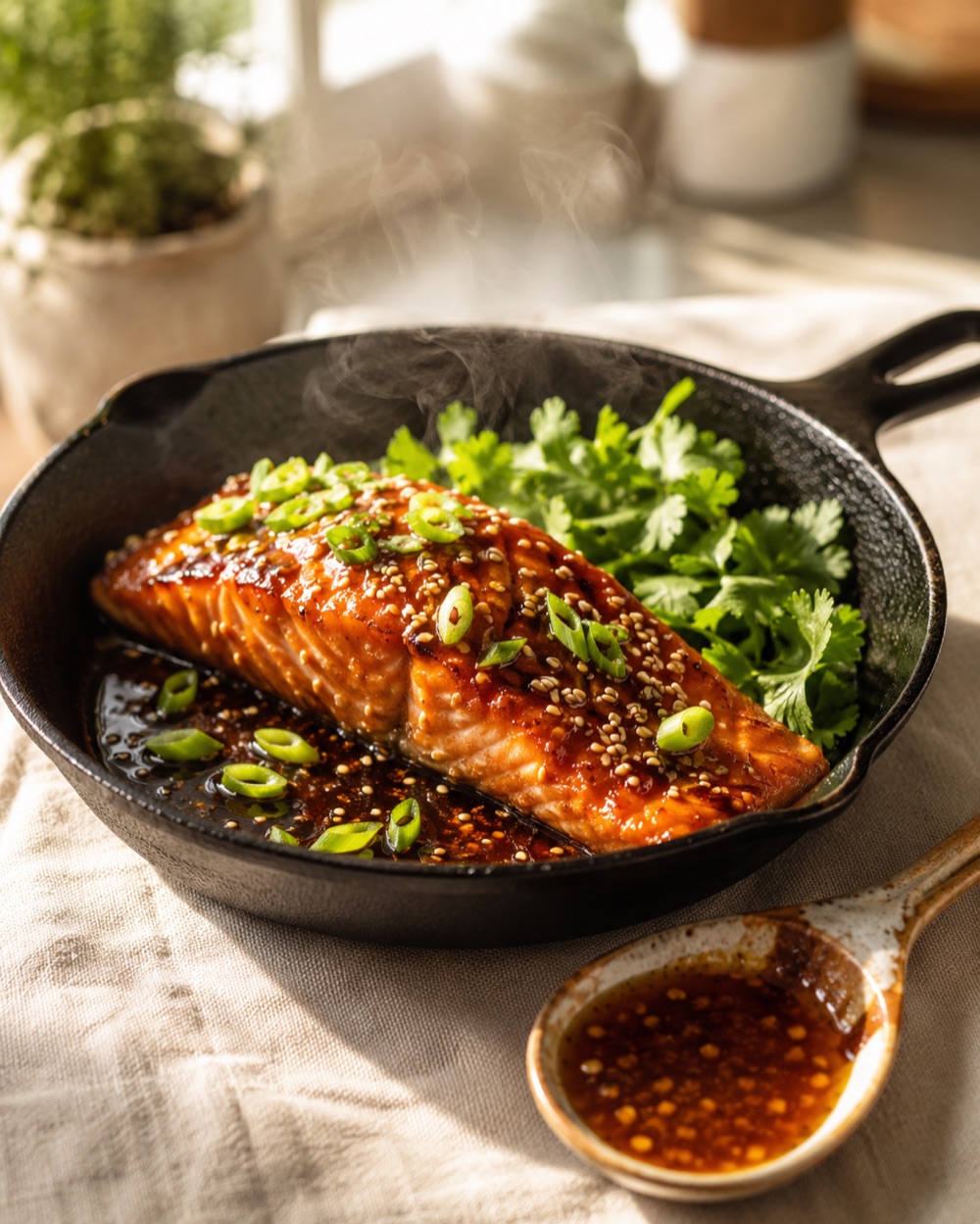 Honey-garlic salmon glazing in a hot skillet, fresh herbs alongside